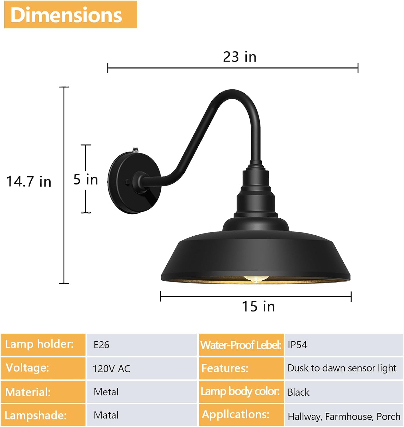 Dusk to Dawn Barn Light Large Size, Outdoor Waterproof Gooseneck Barn Light